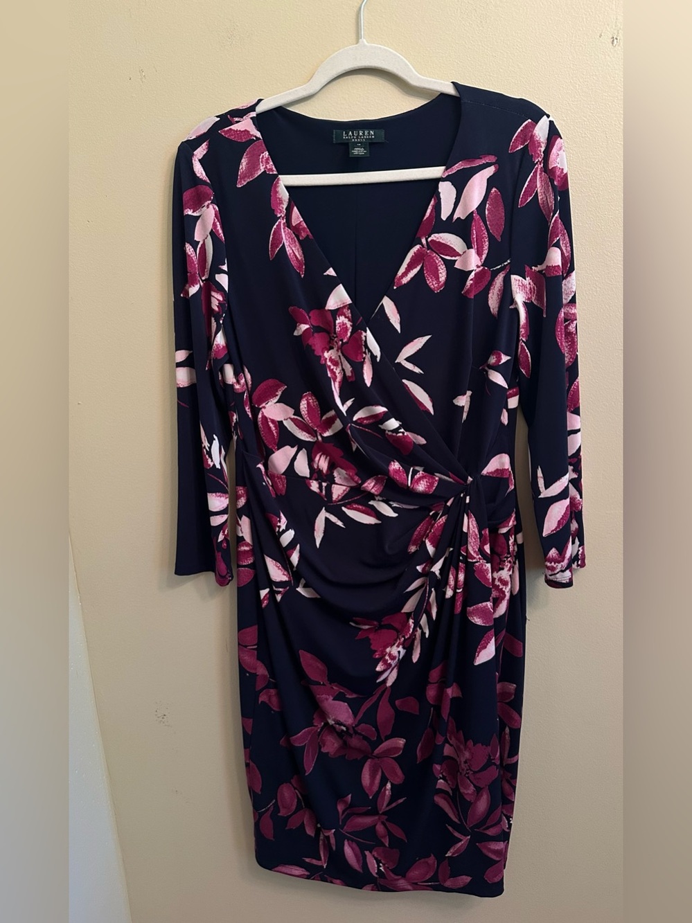Lauren Ralph Lauren Navy/Pink Floral V Neck Draped Dress Long Slv Sz 14  1088